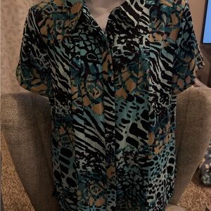 Dana Buchman Teal and Black Animal Print Blouse